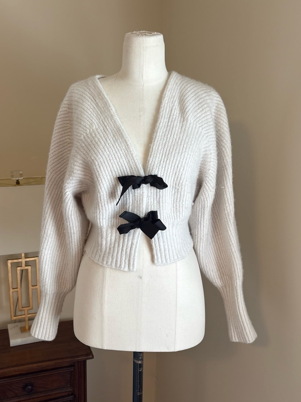 Anthropologie Cropped V-Neck Sweater with Black Ribbon Closures